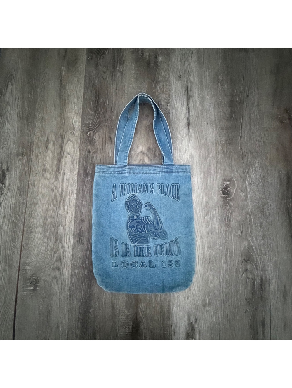 Vintage Blue denim tote bag “Rosie the Riveter”